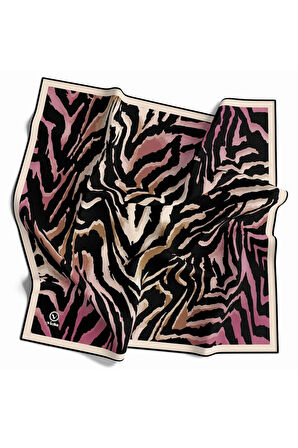 Kristal Zebra Desenli Gül Kurusu - Bej Renkli 90x90 Eşarp (İpek İçermez) Kenar Dikiş Şekli El Dikişli