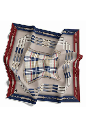 Twill Ekoseli Ve Zincir Desenli Bordo - Lacivert Renkli 90x90 Eşarp (İpek İçermez) Dikim Şekli : El Dikişi