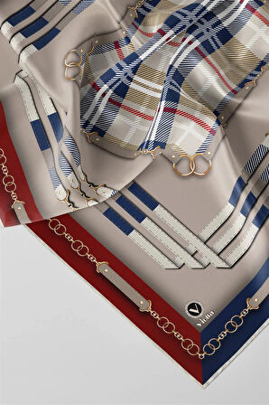 Twill Ekoseli Ve Zincir Desenli Bordo - Lacivert Renkli 90x90 Eşarp (İpek İçermez) Dikim Şekli : El Dikişi