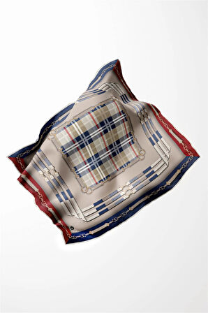 Twill Ekoseli Ve Zincir Desenli Bordo - Lacivert Renkli 90x90 Eşarp (İpek İçermez) Dikim Şekli : El Dikişi