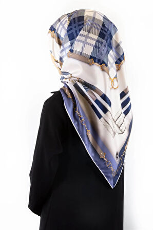 Twill Ekoseli Ve Zincir Desenli İndigo Renkli 90x90 Eşarp (İpek İçermez) Dikim Şekli : El Dikişi