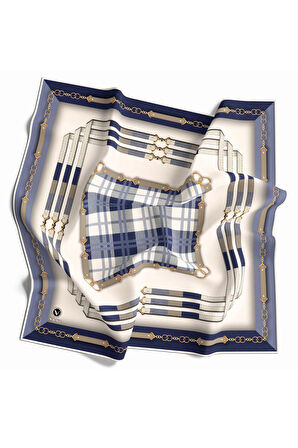 Twill Ekoseli Ve Zincir Desenli İndigo Renkli 90x90 Eşarp (İpek İçermez) Dikim Şekli : El Dikişi