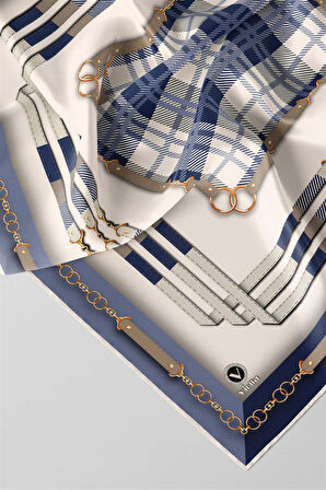 Twill Ekoseli Ve Zincir Desenli İndigo Renkli 90x90 Eşarp (İpek İçermez) Dikim Şekli : El Dikişi