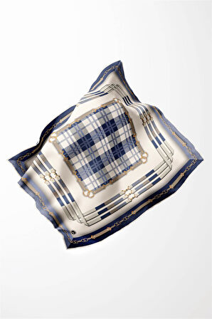 Twill Ekoseli Ve Zincir Desenli İndigo Renkli 90x90 Eşarp (İpek İçermez) Dikim Şekli : El Dikişi