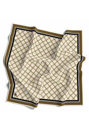 Twill Minik Motifli Geometrik Desenli Bej - Kahverengi Renkli 90x90 Eşarp (İpek İçermez) Dikim Şekli : El Dikişi
