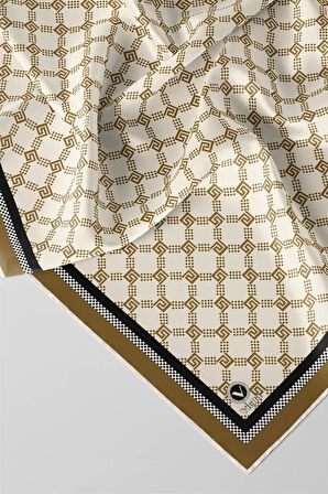 Twill Minik Motifli Geometrik Desenli Bej - Kahverengi Renkli 90x90 Eşarp (İpek İçermez) Dikim Şekli : El Dikişi