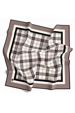 Twill Ekose Desenli Bej Renkli 90x90 Eşarp (İpek İçermez) Kenar Dikiş Şekli El Dikişli