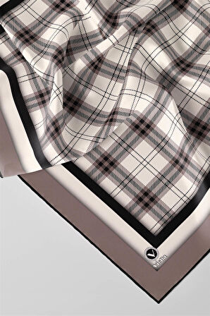 Twill Ekose Desenli Bej Renkli 90x90 Eşarp (İpek İçermez) Kenar Dikiş Şekli El Dikişli