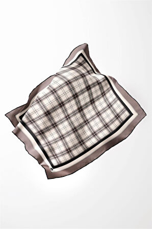 Twill Ekose Desenli Bej Renkli 90x90 Eşarp (İpek İçermez) Kenar Dikiş Şekli El Dikişli