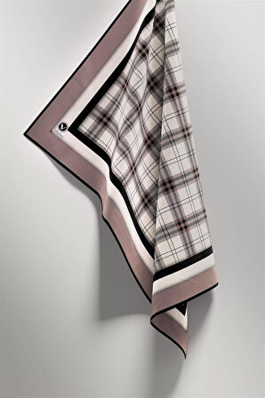 Twill Ekose Desenli Bej Renkli 90x90 Eşarp (İpek İçermez) Kenar Dikiş Şekli El Dikişli