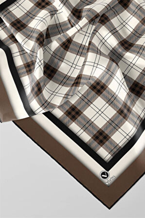 Twill Ekose Desenli Vizon Renkli 90x90 Eşarp (İpek İçermez) Kenar Dikiş Şekli El Dikişli