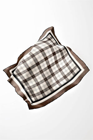 Twill Ekose Desenli Vizon Renkli 90x90 Eşarp (İpek İçermez) Kenar Dikiş Şekli El Dikişli