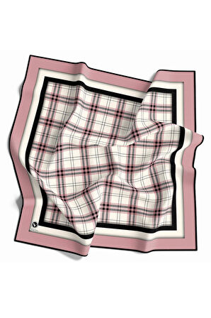 Twill Ekose Desenli Pudra Renkli 90x90 Eşarp (İpek İçermez) Kenar Dikiş Şekli El Dikişli