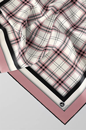 Twill Ekose Desenli Pudra Renkli 90x90 Eşarp (İpek İçermez) Kenar Dikiş Şekli El Dikişli