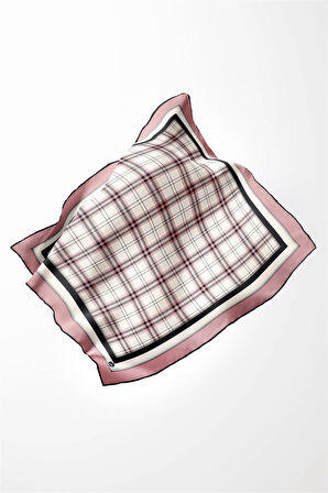 Twill Ekose Desenli Pudra Renkli 90x90 Eşarp (İpek İçermez) Kenar Dikiş Şekli El Dikişli