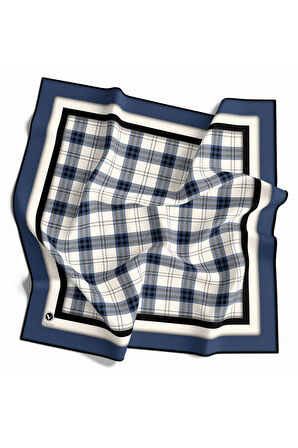 Twill Ekose Desenli İndigo Renkli 90x90 Eşarp (İpek İçermez) Kenar Dikiş Şekli El Dikişli