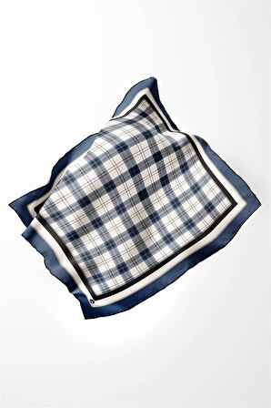 Twill Ekose Desenli İndigo Renkli 90x90 Eşarp (İpek İçermez) Kenar Dikiş Şekli El Dikişli