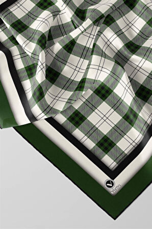 Twill Ekose Desenli Zümrüt Yeşili Renkli 90x90 Eşarp (İpek İçermez) Kenar Dikiş Şekli El Dikişli