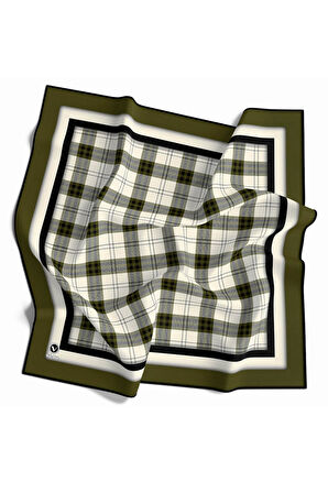 Twill Ekose Desenli Haki Renkli 90x90 Eşarp (İpek İçermez) Kenar Dikiş Şekli El Dikişli