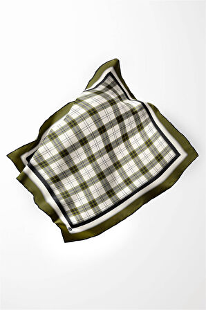 Twill Ekose Desenli Haki Renkli 90x90 Eşarp (İpek İçermez) Kenar Dikiş Şekli El Dikişli