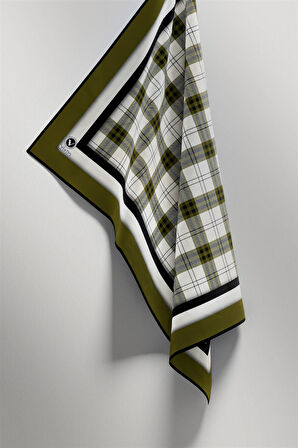 Twill Ekose Desenli Haki Renkli 90x90 Eşarp (İpek İçermez) Kenar Dikiş Şekli El Dikişli