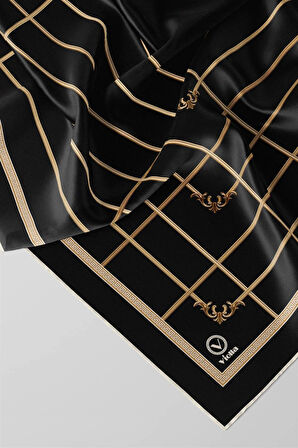 Twill Gold Detaylı Kareli Desenli Siyah Renkli 90x90 Eşarp (İpek İçermez) Kenar Dikiş Şekli El Dikişli