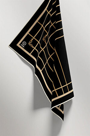 Twill Gold Detaylı Kareli Desenli Siyah Renkli 90x90 Eşarp (İpek İçermez) Kenar Dikiş Şekli El Dikişli