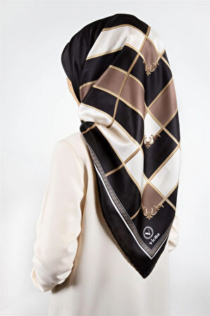 Twill Gold Detaylı Kareli Desenli Vizon Renkli 90x90 Eşarp (İpek İçermez) Kenar Dikiş Şekli El Dikişli