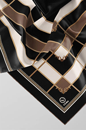 Twill Gold Detaylı Kareli Desenli Vizon Renkli 90x90 Eşarp (İpek İçermez) Kenar Dikiş Şekli El Dikişli