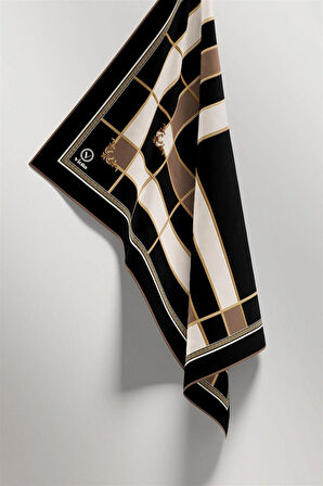 Twill Gold Detaylı Kareli Desenli Vizon Renkli 90x90 Eşarp (İpek İçermez) Kenar Dikiş Şekli El Dikişli