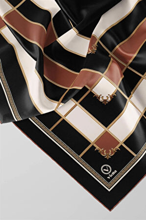 Twill Gold Detaylı Kareli Desenli Bakır Renkli 90x90 Eşarp (İpek İçermez) Kenar Dikiş Şekli El Dikişli