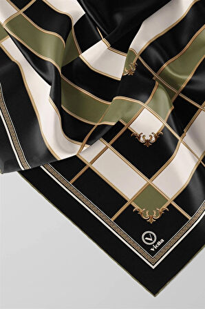 Twill Gold Detaylı Kareli Desenli Haki Renkli 90x90 Eşarp (İpek İçermez) Kenar Dikiş Şekli El Dikişli