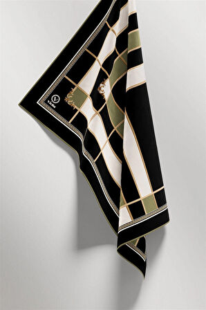 Twill Gold Detaylı Kareli Desenli Haki Renkli 90x90 Eşarp (İpek İçermez) Kenar Dikiş Şekli El Dikişli