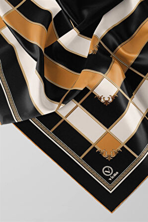 Twill Gold Detaylı Kareli Desenli Sarı Renkli 90x90 Eşarp (İpek İçermez) Kenar Dikiş Şekli El Dikişli