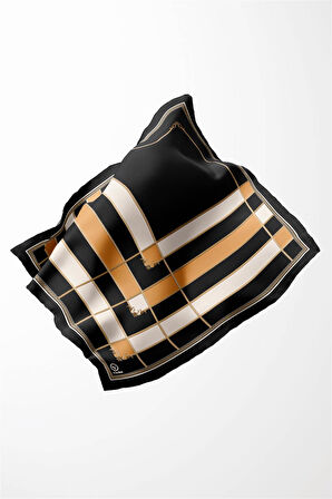 Twill Gold Detaylı Kareli Desenli Sarı Renkli 90x90 Eşarp (İpek İçermez) Kenar Dikiş Şekli El Dikişli