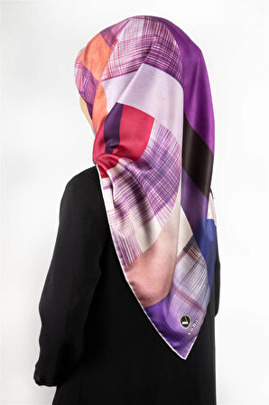 Twill Geometrik Desenli Mor Renkli 90x90 Eşarp (İpek İçermez) Kenar Dikiş Şekli El Dikişli