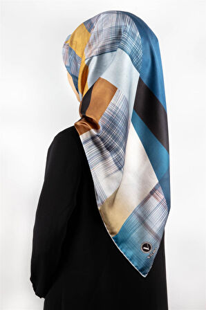 Twill Geometrik Desenli İndigo Renkli 90x90 Eşarp (İpek İçermez) Kenar Dikiş Şekli El Dikişli