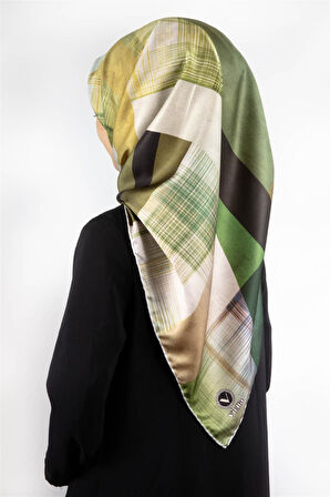 Twill Geometrik Desenli Haki Renkli 90x90 Eşarp (İpek İçermez) Kenar Dikiş Şekli El Dikişli