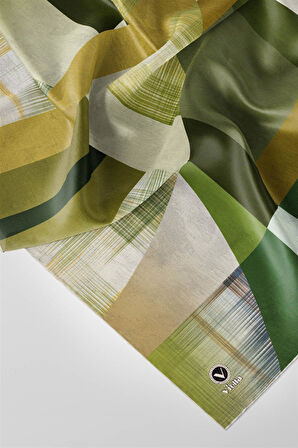 Twill Geometrik Desenli Haki Renkli 90x90 Eşarp (İpek İçermez) Kenar Dikiş Şekli El Dikişli