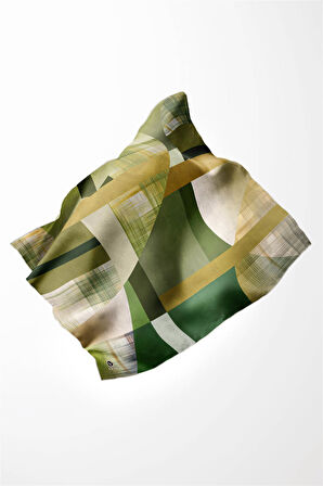 Twill Geometrik Desenli Haki Renkli 90x90 Eşarp (İpek İçermez) Kenar Dikiş Şekli El Dikişli