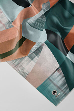 Twill Geometrik Desenli Petrol Mavisi Renkli 90x90 Eşarp (İpek İçermez) Kenar Dikiş Şekli El Dikişli