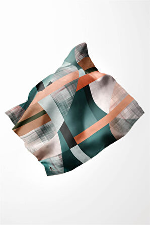 Twill Geometrik Desenli Petrol Mavisi Renkli 90x90 Eşarp (İpek İçermez) Kenar Dikiş Şekli El Dikişli