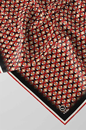 Twill Çıtır Desenli Kırmızı Renkli 90x90 Eşarp (İpek İçermez) Kenar Dikiş Şekli El Dikişli
