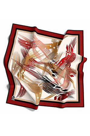 Twill Geometrik Desenli Bordo Renkli 90x90 Eşarp (İpek İçermez) Kenar Dikiş Şekli El Dikişli