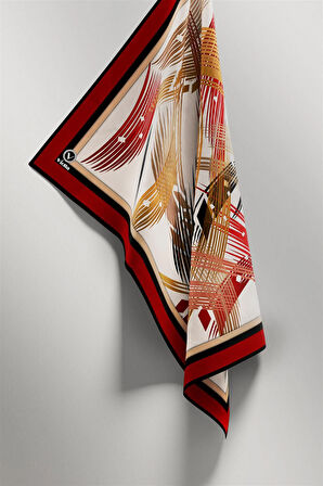 Twill Geometrik Desenli Bordo Renkli 90x90 Eşarp (İpek İçermez) Kenar Dikiş Şekli El Dikişli