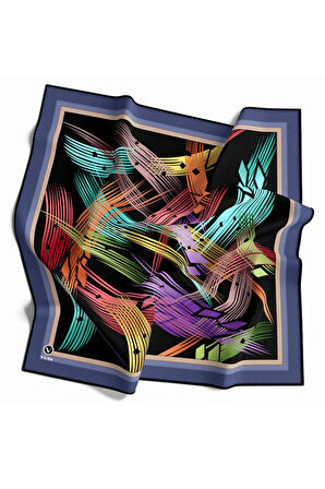 Twill Geometrik Desenli İndigo Renkli 90x90 Eşarp (İpek İçermez) Kenar Dikiş Şekli El Dikişli