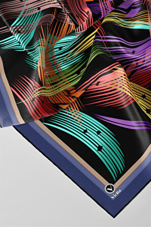 Twill Geometrik Desenli İndigo Renkli 90x90 Eşarp (İpek İçermez) Kenar Dikiş Şekli El Dikişli