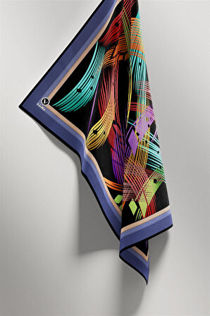 Twill Geometrik Desenli İndigo Renkli 90x90 Eşarp (İpek İçermez) Kenar Dikiş Şekli El Dikişli