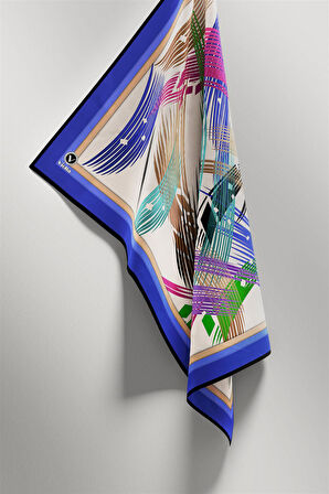 Twill Geometrik Desenli Saks Renkli 90x90 Eşarp (İpek İçermez) Kenar Dikiş Şekli El Dikişli