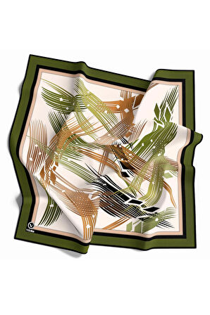 Twill Geometrik Desenli Haki - Hardal Renkli 90x90 Eşarp (İpek İçermez) Kenar Dikiş Şekli El Dikişli